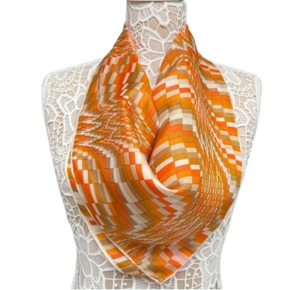 Vintage Scarf Bundle, Abstract Artistic Silk & Mod Geometric Orange - Picture 7 of 9